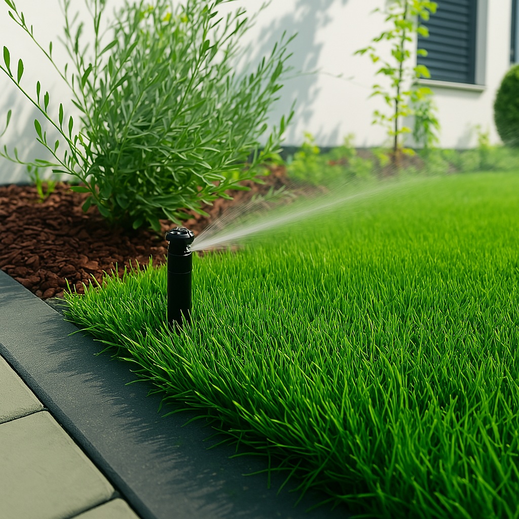 Ein schwarzer Rasensprenger sprüht Wasser über saftig grünes Gras und zeigt eine effiziente Gartenbewässerung neben einem Gartenbeet mit Pflanzen und braunem Mulch, neben einem gepflasterten Weg und einem weißen Haus mit blauen Fensterläden.