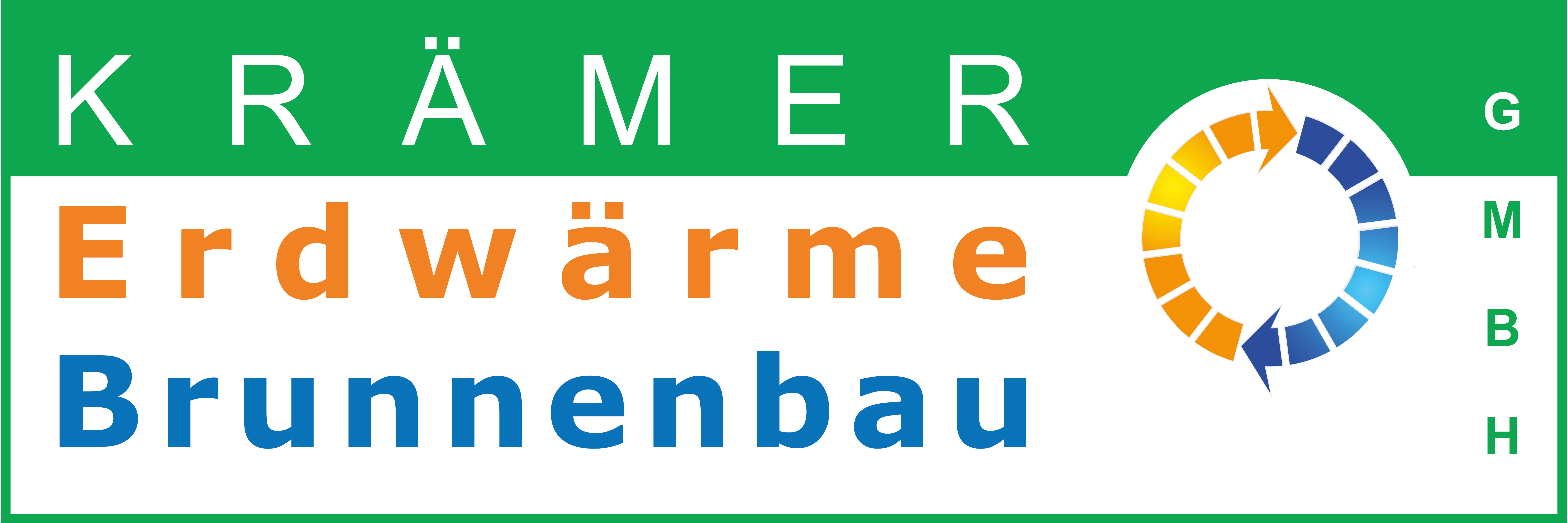 Logo für die KRÄMER Erdwärme Brunnenbau GmbH mit grünem, orangefarbenem und blauem Text, einem kreisförmigen Symbol aus farbigen Segmenten und grünem Hintergrund oben und rechts - ideal für die Gartenbewässerung.