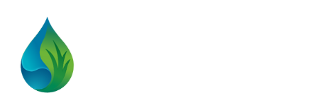 Logo mit einem blauen und grünen Wassertropfen, der ein Blatt enthält, neben dem weißen Text Metzger Bewässerung auf transparentem Hintergrund.